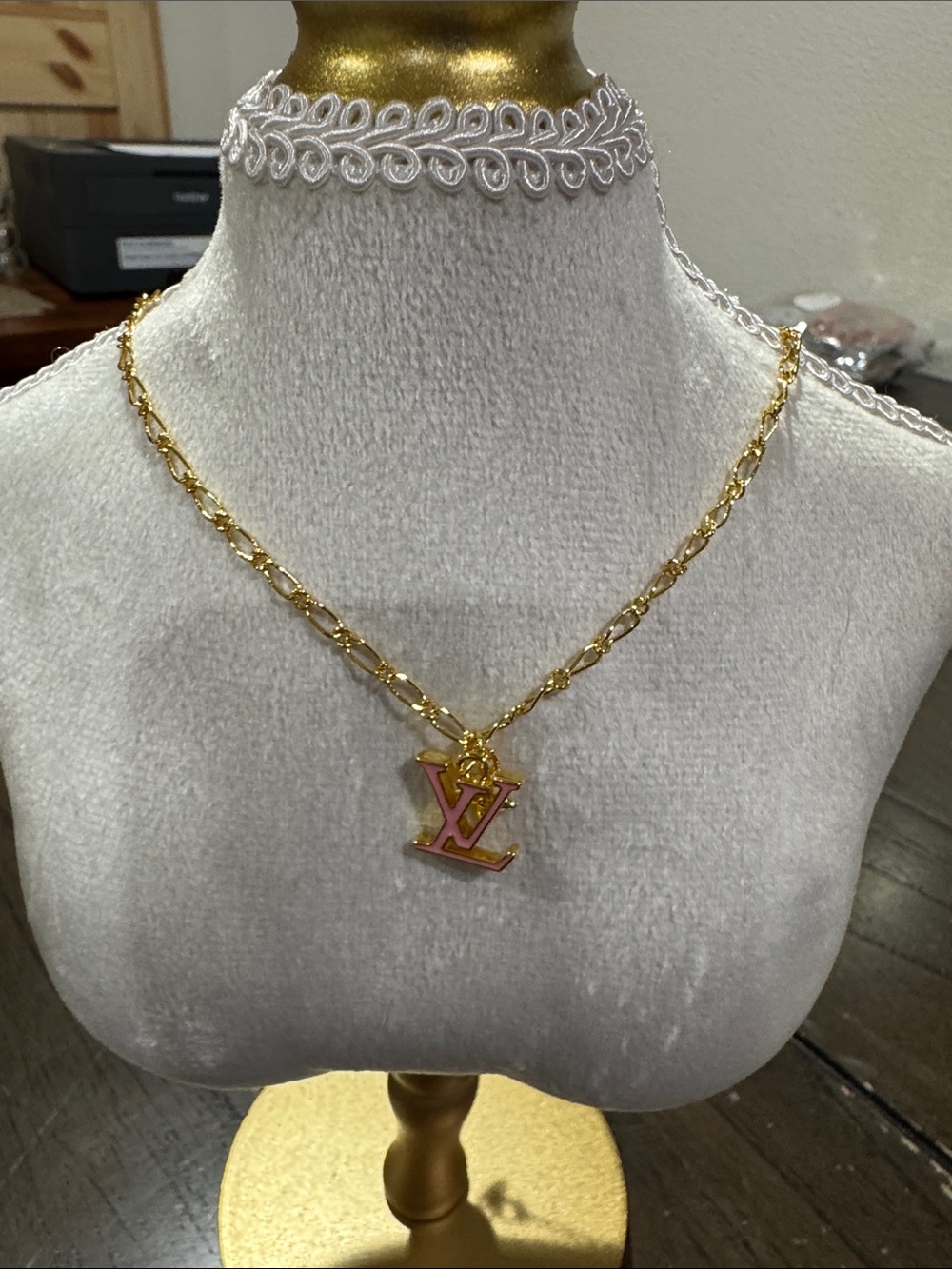 Pink and Gold LV Monogram Pendant Necklace
